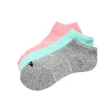 Pack de tres pares de medias deportivas tobilleras, una rosa, una celeste y una gris.