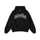 Canguro negro con capucha ajustable y corte oversize. Estampa blanca en el pecho con el texto "Rockerstudios" en letras góticas y la frase "Rockers Underground Culture" debajo.