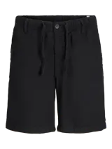 Short chino negro de lino y algodón, corte relajado, cintura media con elástico y cordón ajustable, bolsillos frontales y traseros.