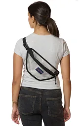 Riñonera transparente con ribetes negros y logo de JanSport en el frente. Tiene un compartimento principal con cierre y correa ajustable con hebilla.