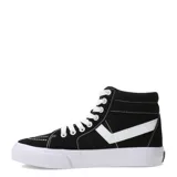 Bota de lona de caña alta, color negro, con cordones blancos y suela plataforma blanca. Presenta el logo de Pony en forma de 'V' en color blanco en el lateral.