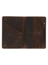 Billetera marrón con diseño de hojas y cierre con broche imantado.