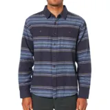 Camisa de franela a rayas horizontales en tonos azul, gris y marrón, con cuello clásico, manga larga, cierre frontal con botones y dos bolsillos con solapa abotonada en el pecho.