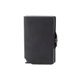 Billetera de cuero negro con cierre y diseño minimalista, perfecta para llevar tarjetas y dinero en efectivo.