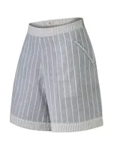 Short de tiro alto a rayas verticales azules y blancas, con bolsillos laterales y cierre invisible.