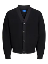 Cardigan negro de punto con cuello en V, cierre frontal con botones y corte clásico.