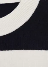 Sweater de punto fino con estampado de rayas horizontales en blanco y azul marino. Tiene cuello redondo, mangas largas y terminaciones en canalé.