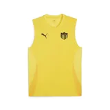 Musculosa deportiva amarilla de poliéster, sin mangas, con logo de Puma bordado en negro en el pecho y escudo con estrellas y rayas verticales en el lado opuesto.