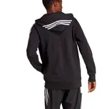 Campera Adidas Essentials French Terry de hombre, color negro con capucha y cierre completo. Diseño con tres rayas blancas en las mangas y logo Adidas bordado en el pecho.