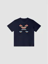 Remera azul marino de algodón orgánico con estampado en la espalda de una cruz formada por motivos geométricos de estilo étnico.