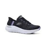 Championes deportivos Skechers Slip-ins Arch Fit 2.0, color negro con detalles en blanco y violeta. Diseñados con tecnología Arch Fit para soporte del arco plantar y almohadilla en el talón para fácil calce.