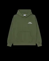 Buzo hoodie verde militar con capucha, bolsillo tipo canguro y logo 'OBEY STUDIOS' bordado en el pecho.