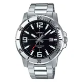 Reloj Casio plateado con esfera negra, números grandes y calendario.