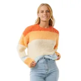 Buzo de felpa con diseño de rayas en tonos naranja, crema y celeste, de corte relajado.