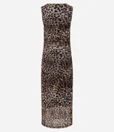 Vestido midi de tule con estampado animal print de leopardo, escote redondo y drapeado frontal.