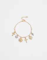 Pulsera dorada con cadena delgada y dijes colgantes: cruces, corazones y soles.