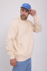 Canguro color crema con capucha y cordones ajustables. Estampado en relieve con la palabra "ORIGINAL" y el logo de la marca Jack & Jones.