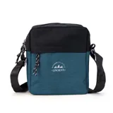 Morral bandolera de nylon en dos colores, azul y negro, con logo "Lincoln's Outdoor Collection" estampado en blanco. Tiene correa larga regulable, dos bolsillos frontales con cierre y un bolsillo interior.