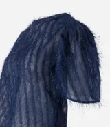 Blusa de chiffon color celeste, con cuello redondo, mangas cortas con fruncidos en los hombros y textura con felpas.