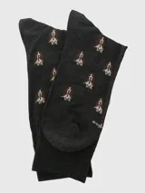 Calcetín de vestir para hombre, largo medio, color gris oscuro (charcoal) con estampado repetitivo de la cabeza de un perro de raza Basset Hound en tonos marrón y blanco.