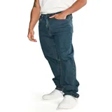 Pantalón de jean de corte recto, color azul oscuro, con cinco bolsillos y logo de CAT en la parte trasera.