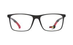 Armazón para lentes de receta MDQ modelo T02, color gris con detalles en rojo y logo de la marca en el frente.