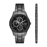 Reloj Armani Exchange modelo Dante con caja de acero inoxidable color negro de 42mm de diámetro, esfera negra con detalles en blanco y pulsera de eslabones de acero inoxidable color negro. Incluye una pulsera de eslabones de acero inoxidable color negro.