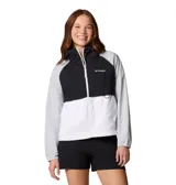 Campera cortaviento Columbia Spire Valley Wind para mujer, con capucha y cierre frontal completo. Diseño color block en gris, blanco y negro, con logo de la marca bordado en el pecho.
