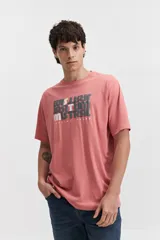 Remera de manga corta color ladrillo con estampado frontal de la marca Mistral en negro y gris.