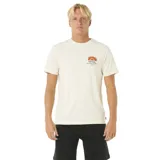 Remera blanca de manga corta con cuello redondo y estampado pequeño en el pecho con un arcoíris y el logo de Rip Curl.