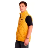 Chaleco acolchado azul marino con cierre frontal, cuello alto y logo de Caterpillar bordado en amarillo en el pecho.