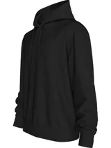 Buzo negro de poliéster con capucha y cordones ajustables, puños y dobladillo con punto canalé, corte relaxed y cintas decorativas con el logo de Calvin Klein repetido en las mangas.