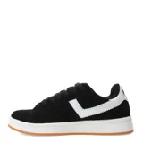 Championes Pony Square de gamuza negra con logo lateral blanco y suela de goma blanca con base marrón.