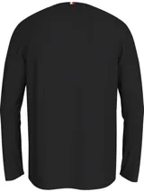 Remera negra de manga larga Tommy Hilfiger, de corte regular, con cuello redondo y logo Hilfiger estampado en el pecho sobre una franja horizontal con los colores característicos de la marca.