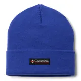 Gorro de lana azul con puño enrollado y logo de Columbia bordado en el frente.