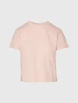 Remera rosa de algodón con cuello redondo y mangas cortas. Presenta múltiples logos de Calvin Klein Jeans en relieve.