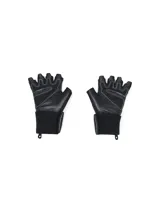 Guantes de entrenamiento negros con logo de Project Rock en el dorso y leyenda "Blood Sweat Respect" en la muñeca.
