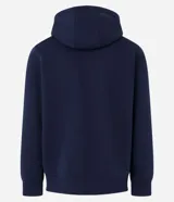 Saco deportivo gris de algodón y poliéster, con capucha ajustable con cordón, cierre frontal con cremallera, mangas largas con puños ajustados y bolsillos laterales.