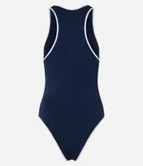 Body de lycra azul marino con textura acanalada, cuello redondo, sin mangas y bies contrastante blanco.