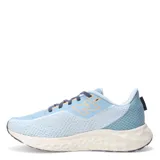 Championes de running New Balance Fresh Foam 680 V8, color celeste con detalles en azul y naranja.