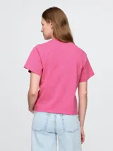 Remera rosa con estampado de la banda Nirvana y logo en verde y celeste.